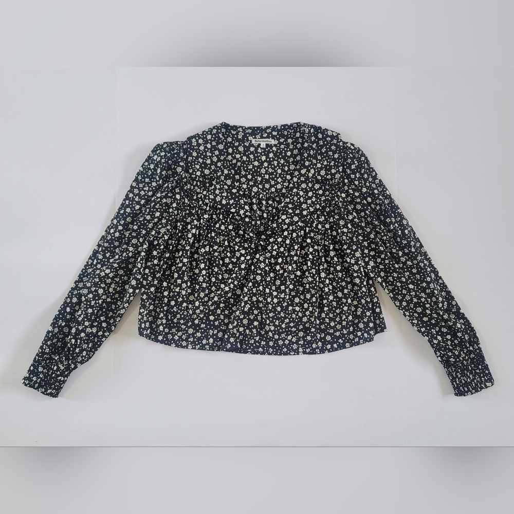 Reformation Black Floral Cropped V-neck Ruffle Blouse, S, Cottagecore Romantic - Picture 2 of 11